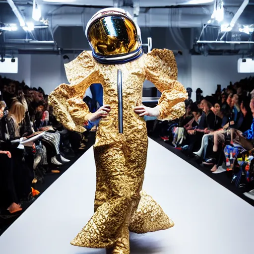 Prompt: hybrid model astronaut walking down a catwalk, elaborate dress by alexander mcqueen, stage lighting, sigma 8 5 mm f 1 6, art by studio clamp, real