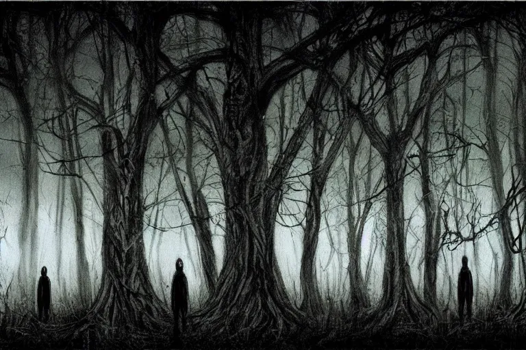 Prompt: UFO landing in a haunted the dark forest artwork by ben templesmith