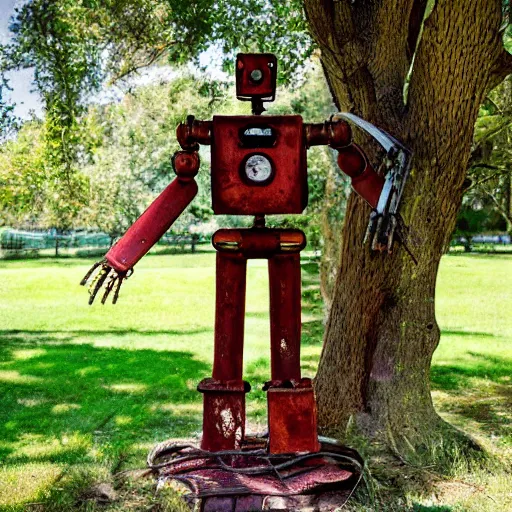 Image similar to rusty robot sitting by a tree, auction catalogue photo