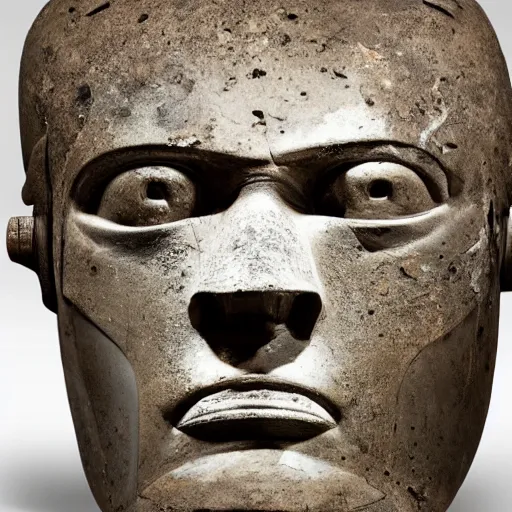 Image similar to an extremely ancient ironman bust that is tarnished and covered in sediment from uncovered earth expedition, rare photograph, smithsonian,