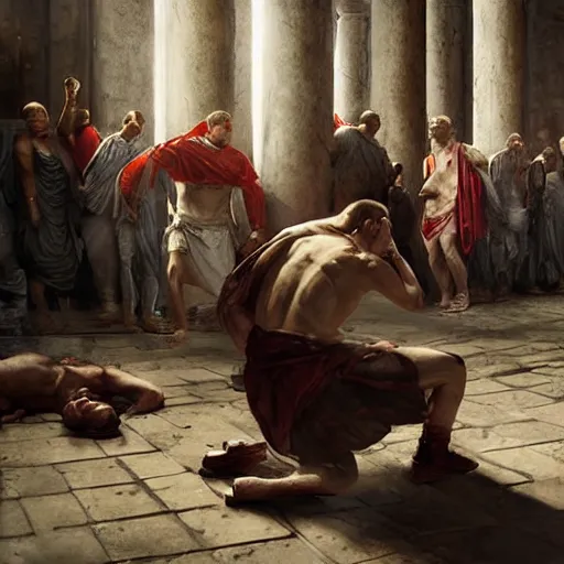 Image similar to brutus, regretting his actions, kneeling over the slumped body of julius caesar in the middle of the roman senate, fantasy art by greg rutkowski