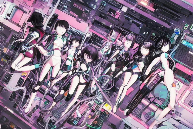 Image similar to cyberpunk anime illustration of a group of female android dolls lying in various poses over an spacious, empty white floor background with their bodies open showing wires and cables coming out, by katsuhiro otomo and masamune shirow, hyper-detailed, colorful, beautiful, bird view