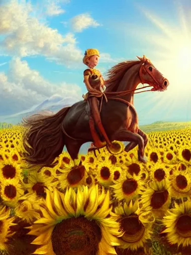 Prompt: a small chield querub, riding a horse in a sunflower field, a giant sun in the background. intricate, elegant, highly detailed, digital painting, artstation, concept art, sharp focus, illustration, by justin gerard and artgerm, 8 k