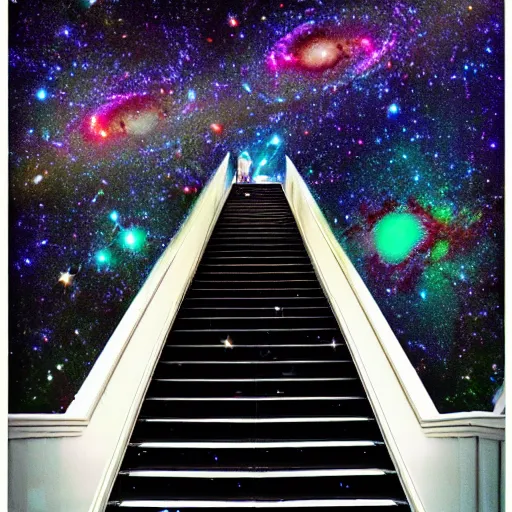 Prompt: a stairway filled with galaxies and nebulas