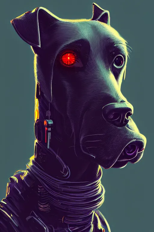 Image similar to a portrait of cyberpunk dog, grim - lighting, high - contrast, intricate, elegant, highly detailed, digital painting, artstation, concept art, smooth, sharp focus, illustration