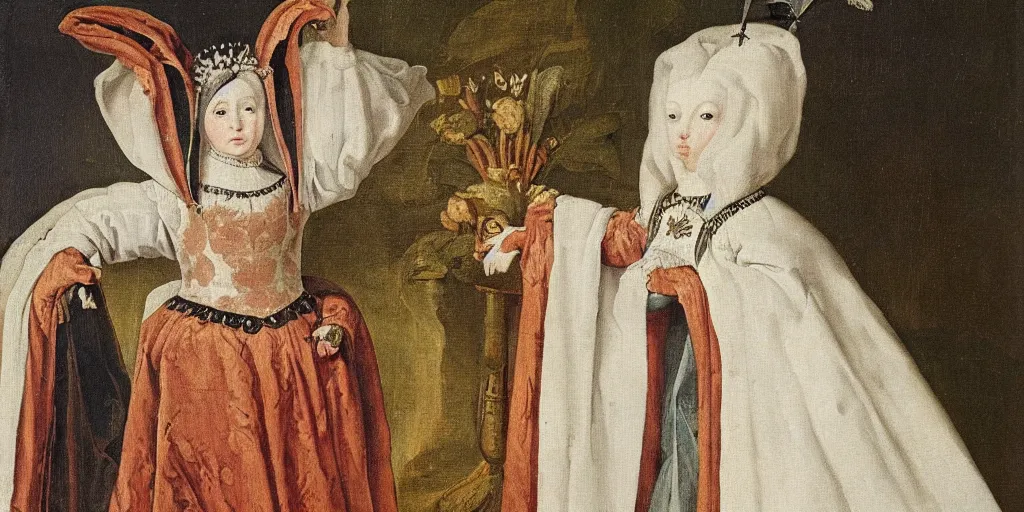 Image similar to a rabbit dressed as a queen, wearing a white robe, 17th century oil painting