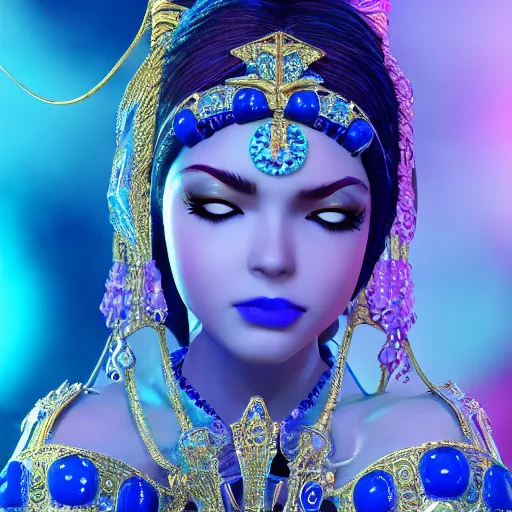 Image similar to photo of wonderful princess of sapphire with fair skin, she has her eyes closed, glowing, ornate and intricate blue jewelry, jaw dropping beauty, glowing background lighting, blue accent lighting, photorealistic, hyper detailed, award winning photography, 4 k octane render