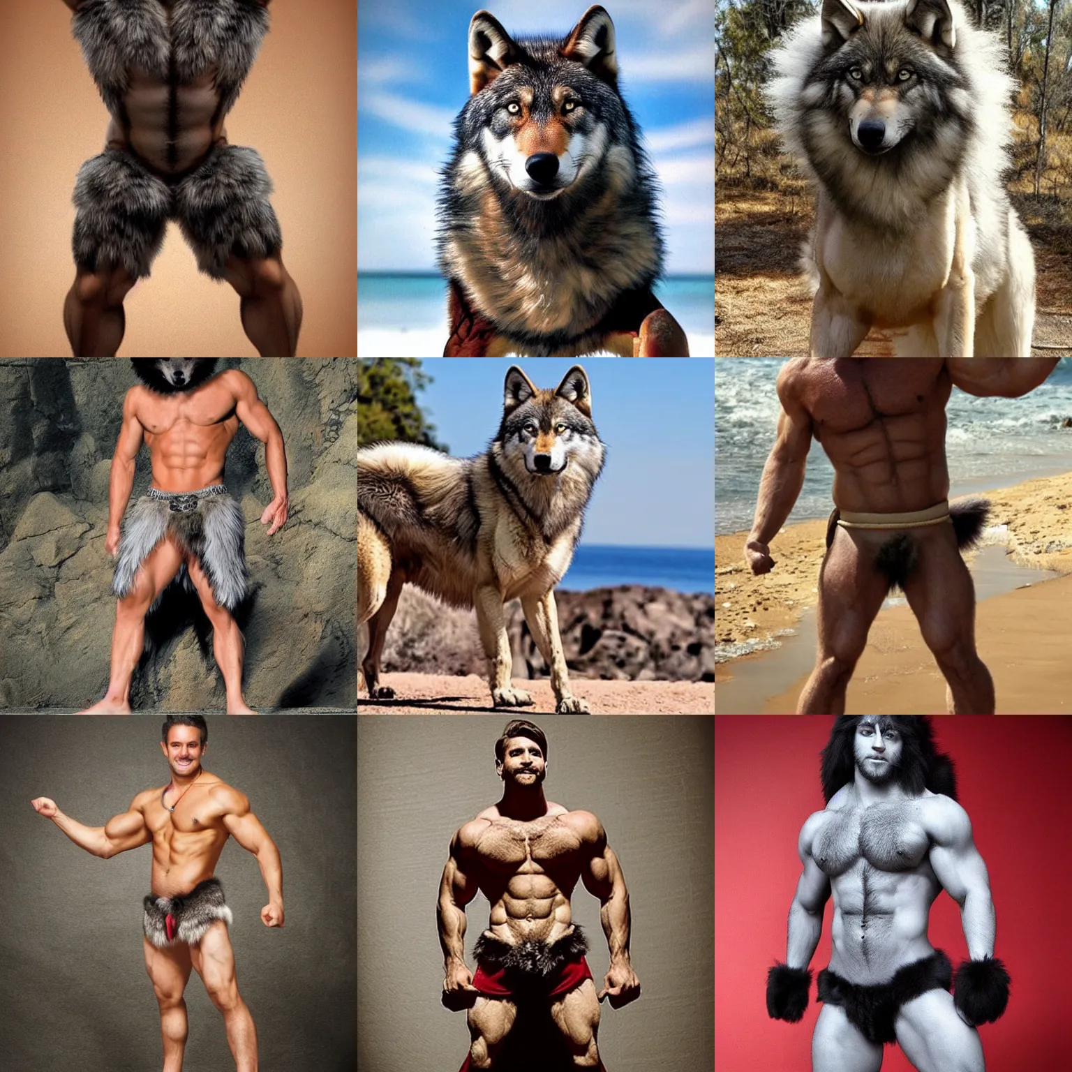 Prompt: muscular wolf fluffy furry wearing loincloth posing to show his muscles