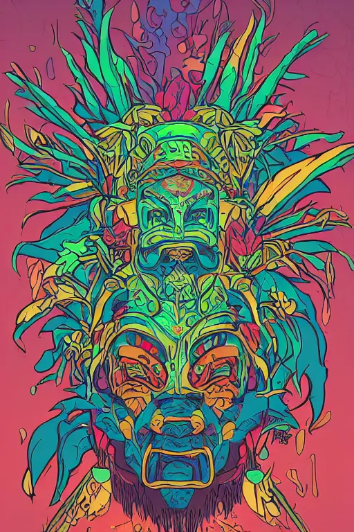 Image similar to animal mask totem roots flower tribal feather gemstone plant wood rock shaman vodoo video game vector cutout illustration vivid multicolor borderlands comics by josan gonzales and dan mumford radiating a glowing aura