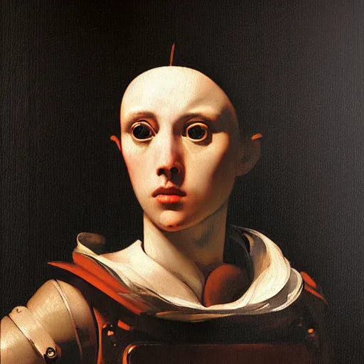 Image similar to baroque painting portrait of a robot by caravaggio in the style of greg rutkowski