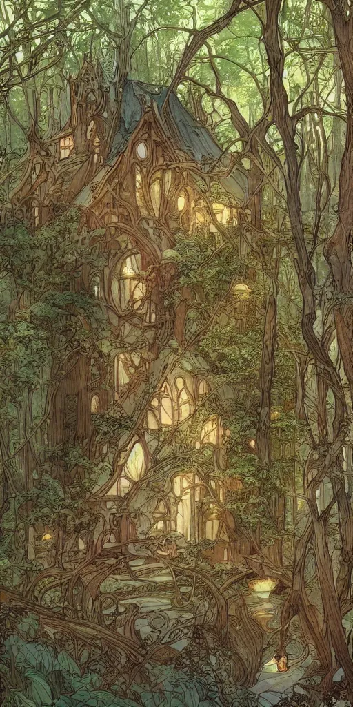 Image similar to an elvish house in the Woods, fantasy, art nouveau, architecture, fungi, daylight, warm light, spring, studio ghibli, Moebius, alphonse mucha, siya oum, ultra detailed, High definition, Sharp