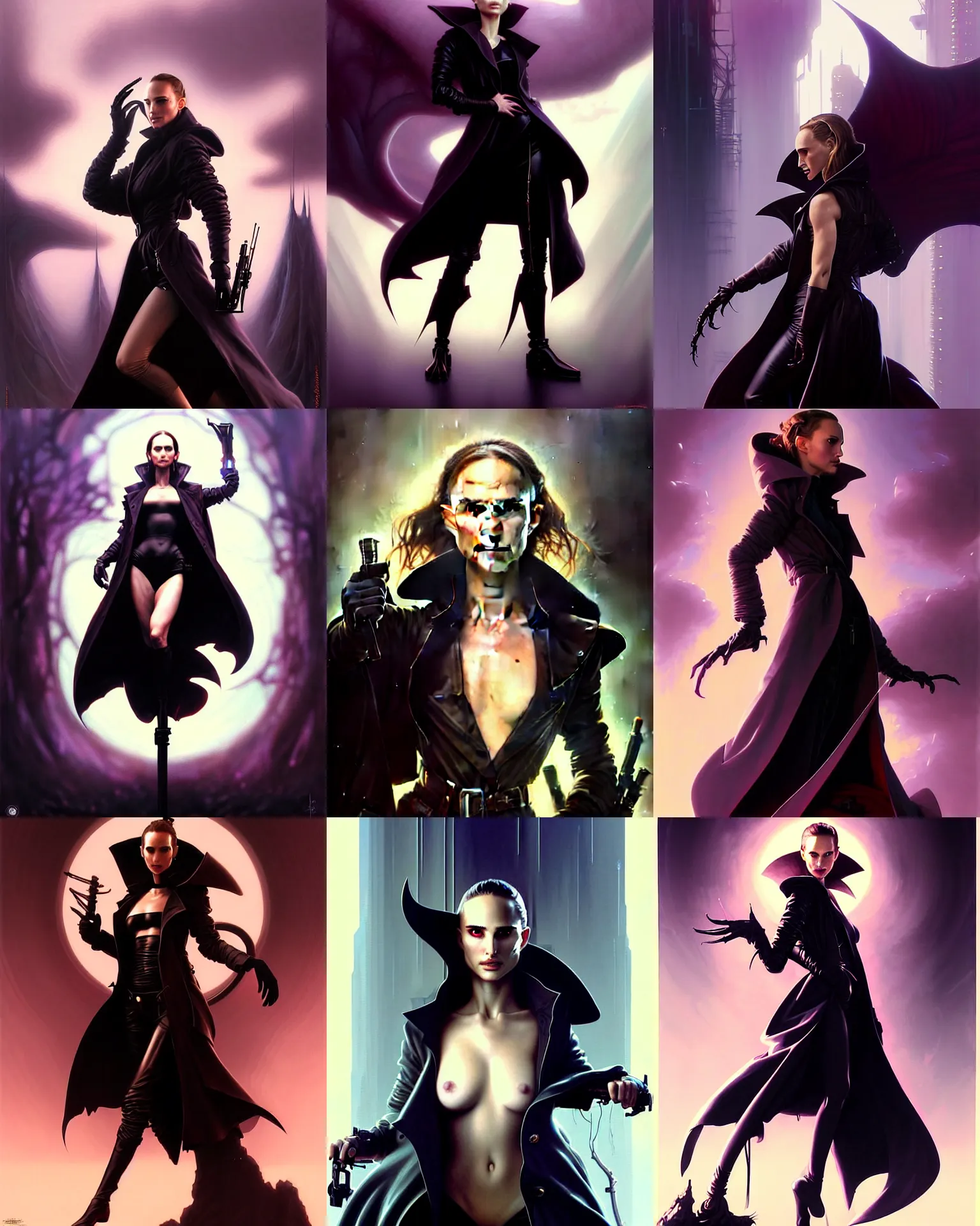 Prompt: beautiful fantasy character portrait, natalie portman, wearing oversized black trench coat, ultra realistic, wide angle, dramatic lighting, vultures, very seductive pose, cyberpunk artifacts, highly detailed by peter mohrbacher, hajime sorayama, wayne barlowe, boris vallejo, aaron horkey, gaston bussiere, craig mullins