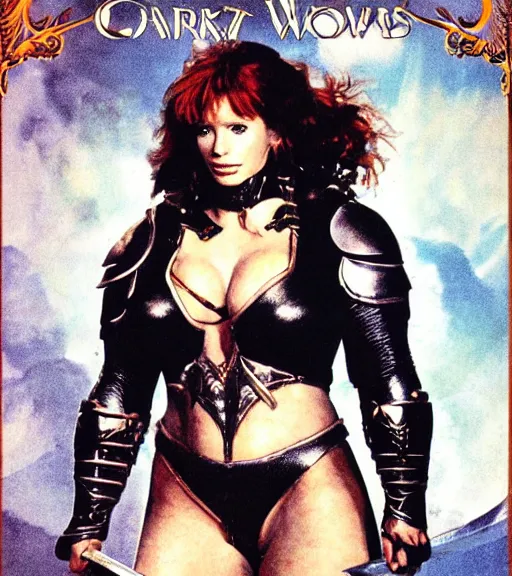 Image similar to 1 9 8 0 s fantasy novel book cover, bbw plus size amazonian bryce dallas howard in extremely tight bikini armor wielding a cartoonishly large sword, exaggerated body features, dark and smoky background, low quality print