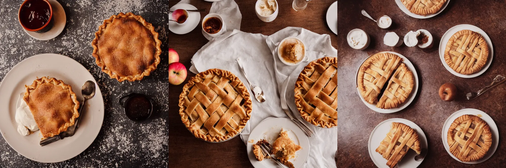 Prompt: photo of apple pie on a table in a dessert shop in new york city, photorealistic, ultra realistic, maximum detail, foreground focus, 8k, volumetric light, cinematic, octane render, food photography, recipes.com, epicurious, instagram