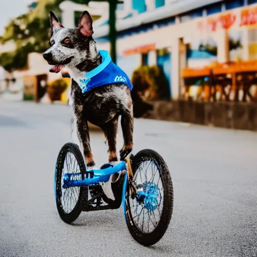 Prompt: blue heeler dog on a bike, 8 k photography, blurred background of a wafflehouse