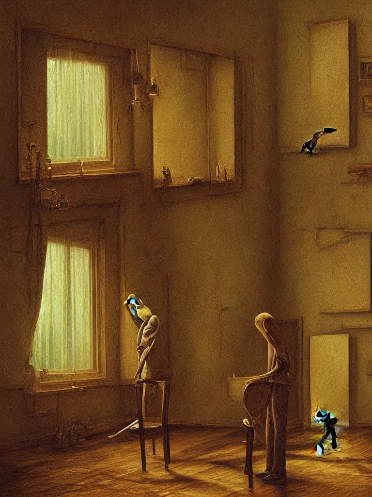 Prompt: single man knows to hear birds sing while in an empty room, intricate detailed oil painting, detailed illustration, oil painting, painterly feeling, centric composition