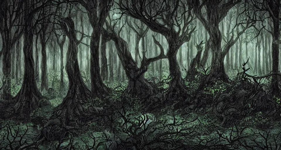 Prompt: A dense and dark enchanted forest with a swamp, from Cryptid Academia