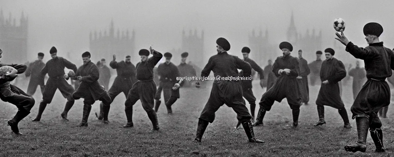 Image similar to ukrainian cossacks play football in london, early 2 0 th century, rain, realistic, hyper detail, dynamic, in john baeder style, many details, super realistic, high quality, 8 k