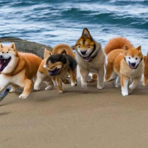 Prompt: photo of a shiba inu leading a pack of shiba inu puppies to the ocean
