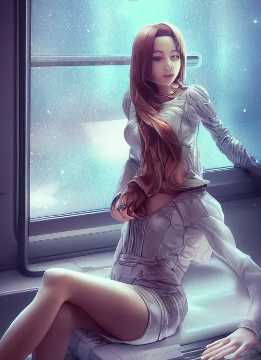 Image similar to woman sitting on a spaceship window, beautiful detailed dress, detailed face, detailed torso, smiling, detailed body, by artgerm, by wlop, anime style, octane render