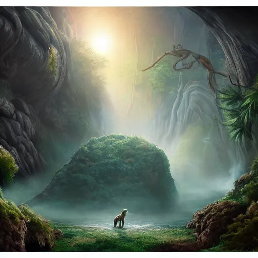 Image similar to the land before time, artstation hall of fame gallery, editors choice, # 1 digital painting of all time, most beautiful image ever created, emotionally evocative, greatest art ever made, lifetime achievement magnum opus masterpiece, the most amazing breathtaking image with the deepest message ever painted, a thing of beauty beyond imagination or words