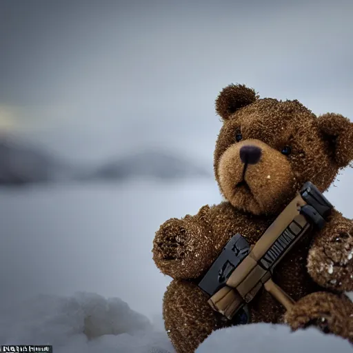 Prompt: cinematic shot of a teddy bear as a special forces soldier holding a sniper rifle in a snowy mountain range, 8 k, depth of field, very detailed,