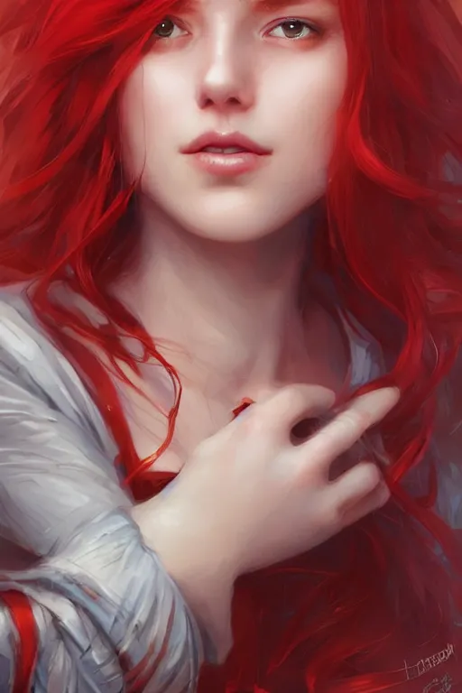 Prompt: beautiful cute red haired joyful and playful 1 9 year old maiden, long hair, sci - fi, fantasy, intricate, elegant, digital painting, artstation, concept art, smooth, sharp focus, 8 k frostbite 3 engine, ultra detailed, art by artgerm and greg rutkowski and magali villeneuve