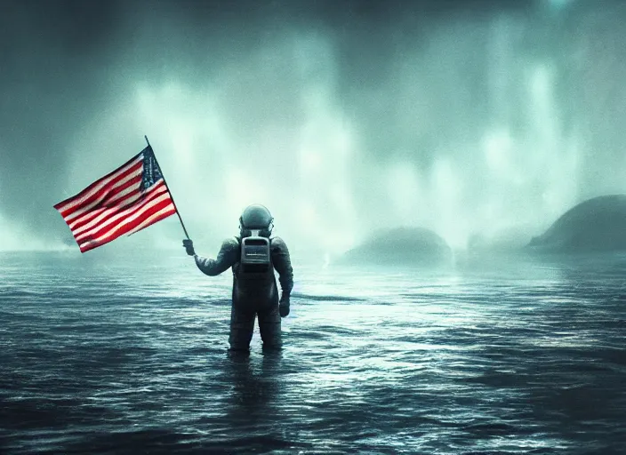 Image similar to astronaut holding a flag in an underwater desert. a submarine is visible in the distance. dark, concept art, cinematic, dramatic, atmospheric, 8 k, trending on artstation, blue, fish, low visibility, fog, ocean floor, christopher nolan, interstellar