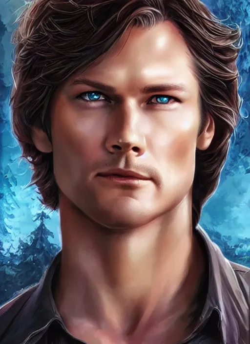 Prompt: handsome! Sam Winchester as a very masculine angel starring a urban fantasy romance book cover, D&D!, fantasy style, sharp focus!, ultra detailed, art by Artgerm and Peter Andrew Jones, WLUP