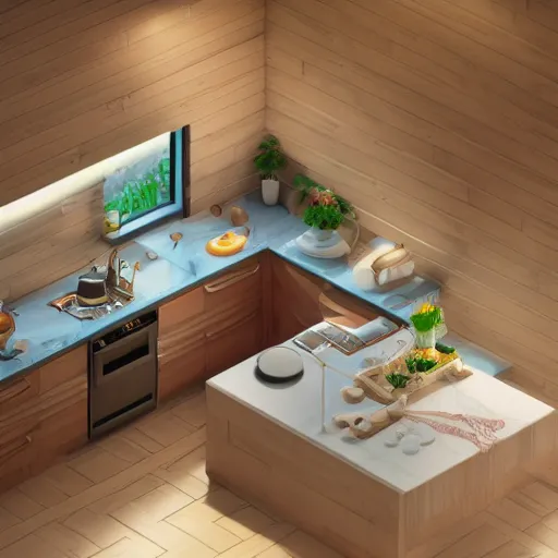 Image similar to isometric chubby kitchen, c 4 d style, octane render, studio lighting