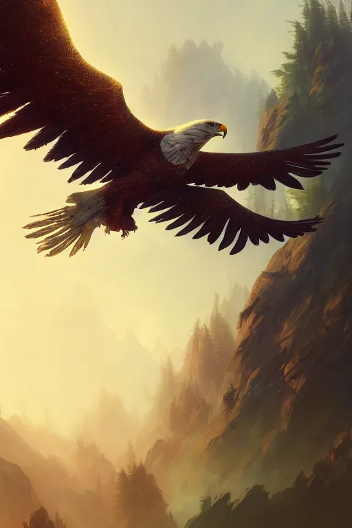 Prompt: cyborg eagle flying on a glowing forest, extremely detailed digital painting, in the style of fenghua zhong and ruan jia and jeremy lipking and peter mohrbacher, mystical colors, rim light, beautiful lighting, 8 k, stunning scene, raytracing, octane, trending on artstation