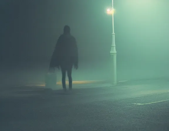 Image similar to film photograph of vagrant at night volumetric fog