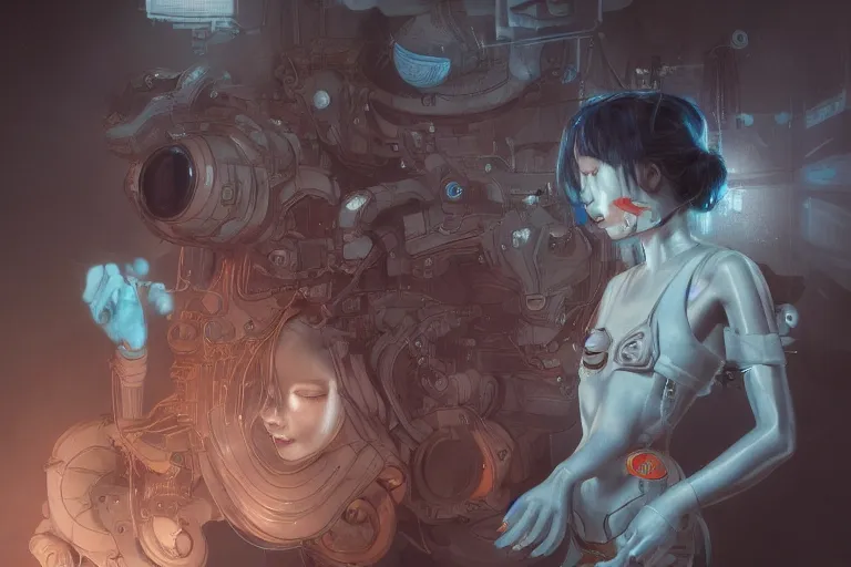 Image similar to hyperrealistic photography of a machine entering a female host in the style of Jin Kagetsu, James Jean and wlop, highly detailed, sharp focus, intricate concept art, digital painting, ambient lighting, 4k, artstation