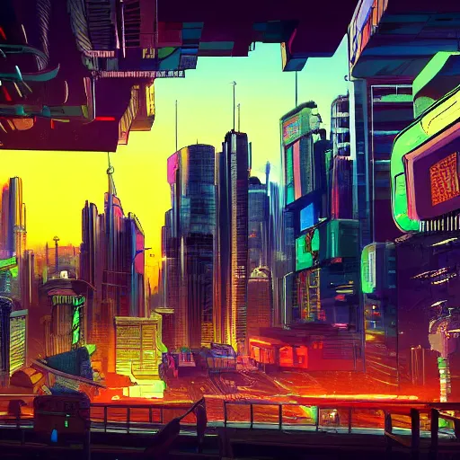 Image similar to Cyberpunk City, background art, Lucas Arts Adventure