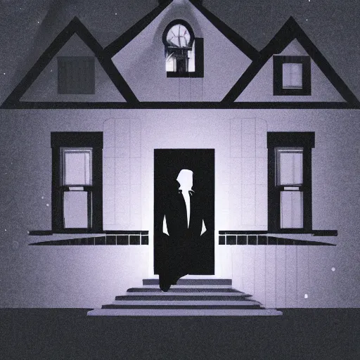 Prompt: silhouetted man standing outside suburban house, moody, shadows, night, creepy lighting, ultra - realistic, artstation award, show figure, silhouette, lighted windows, illustration, concept art, neighborhood house