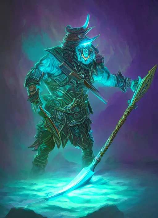 Prompt: Glowing D&D Battleaxe emanating teal energy, highly detailed, digital painting, 8k, HD