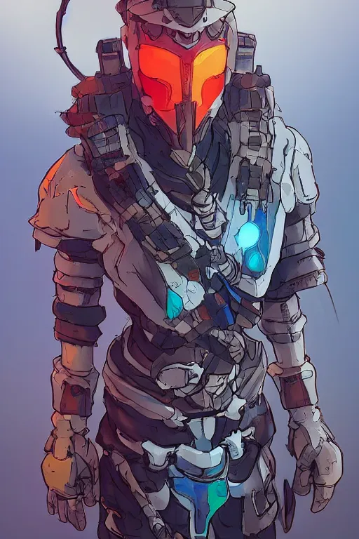 Image similar to combination suit armor aloy horizon forbidden west horizon zero dawn robot ninja mask helmet backpack tribal, art gta 5 comics, official fanart behance hd artstation by jesper ejsing, by rhads, makoto shinkai and lois van baarle, ilya kuvshinov, ossdraws radiating a glowing aura cgi rtx 2 0 2 2