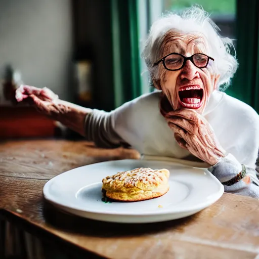 Image similar to elderly woman screaming at a plate of scones, canon eos r 3, f / 1. 4, iso 2 0 0, 1 / 1 6 0 s, 8 k, raw, unedited, symmetrical balance, wide angle