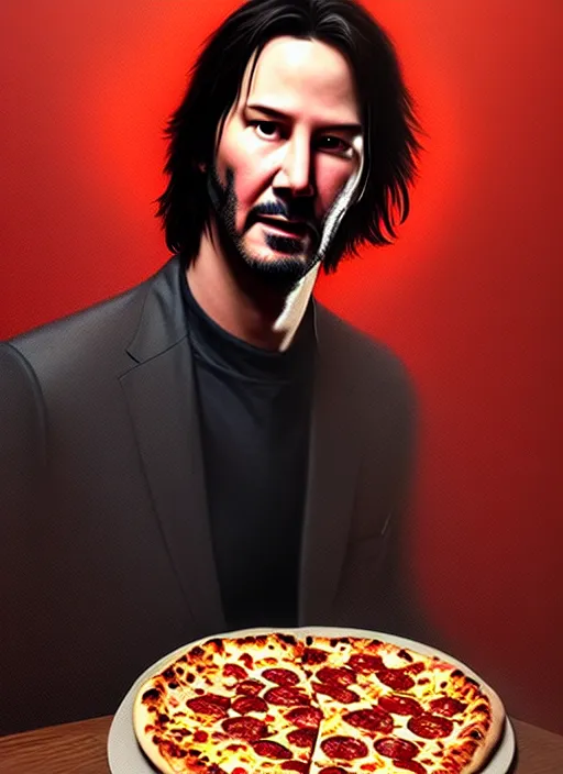Prompt: portrait of keanu reeves eating pizza, intricate, elegant, glowing lights, highly detailed, digital painting, artstation, concept art, smooth, sharp focus, illustration, art by wlop, mars ravelo and greg rutkowski