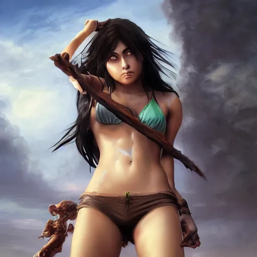 Image similar to eren yeager concept art, detailed oil painting, girl in bikini fighting a monstaer, highly detailed, highly accurate, deep aesthetic, 8 k, highly ornate intricate details, cinematic lighting, rich colors, ray tracing, hyperrealistic, photorealistic, cinematic landscape, trending on artstation,