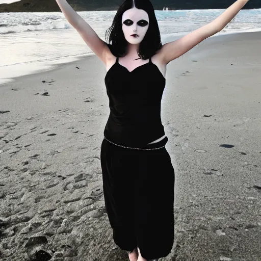 Prompt: pale goth girl with black hair annoyed on the beach