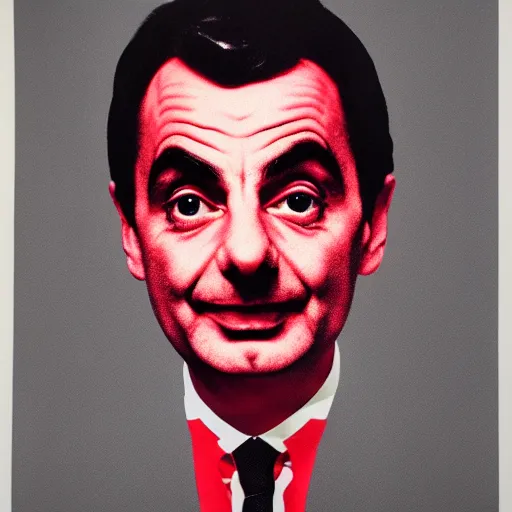 Image similar to a portrait of Mr Bean, made by Andy Warhol, two tone, very high contrast, only black and white, simplistic, extremely high contrast, two tone, notan art, by Andy Warhol, minimalistic,