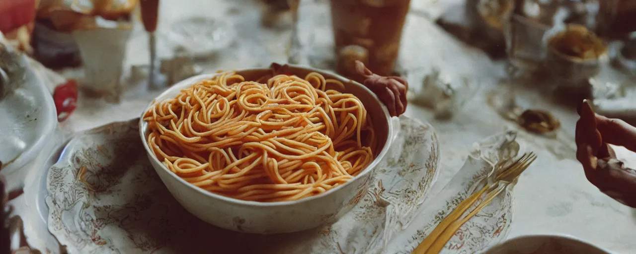 Image similar to the largets bowl of spaghetti in history, small details, intricate, canon 5 0 mm, wes anderson film, kodachrome