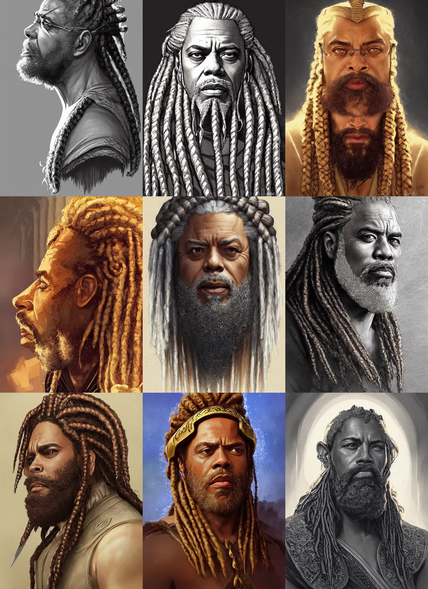 Prompt: james earl jones as pharaoh, braided beard redhead dreadlocks, intricate, elegant, highly detailed, artstation, sharp focus, illustration, artgerm, rutkowski, mucha