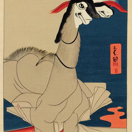 Image similar to ukiyo-e painting of an elegant llama bowing in front of a Geisha