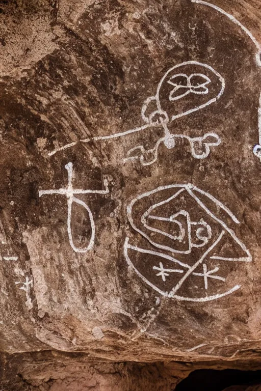 Image similar to 4 k photography of petroglyphs representing crosses, ufo, wifi symbol on a cave