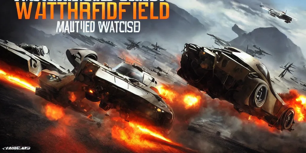 Prompt: battlefield : most wanted, futuristic war racing videogame cover