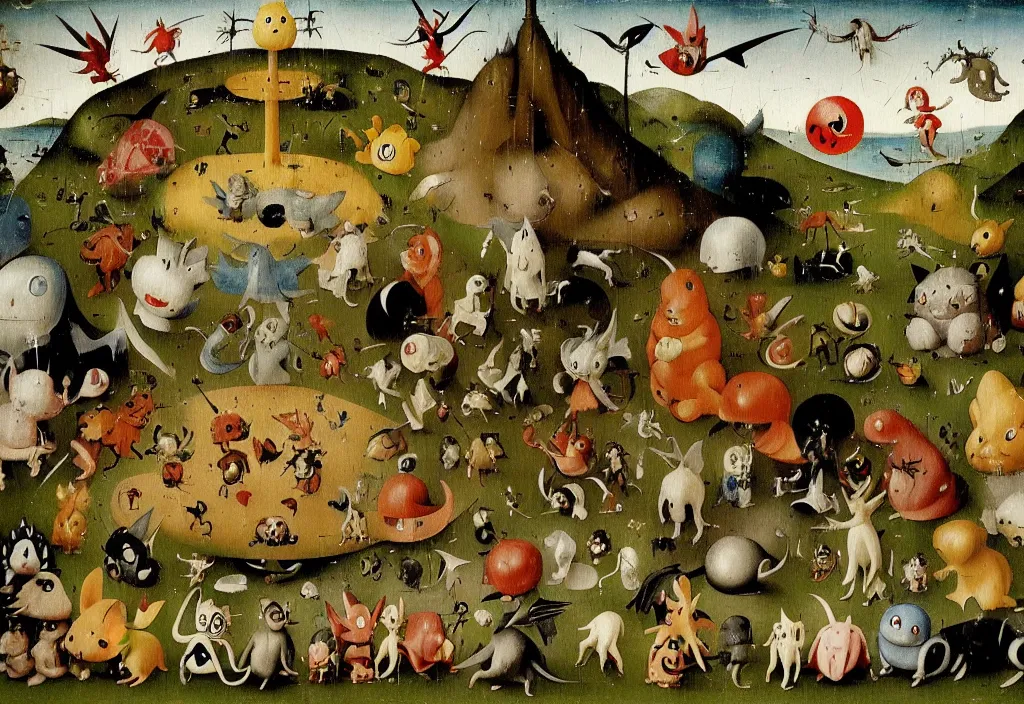 Prompt: hieronymus bosch painting of pokemon living in the wild