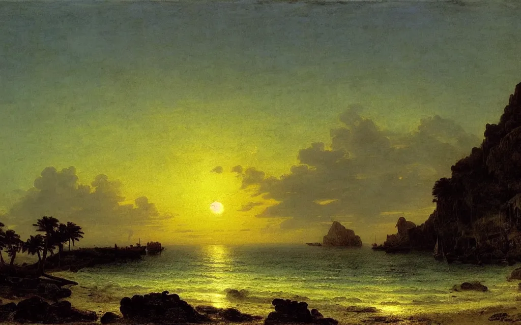 Prompt: a beautiful view of a tropical beach, clear seas, the sun is setting in the background, magical, stunning, art by caspar david friedrich and asher brown durand and peder balke, intricate details, trending on artstationhq and wikiart