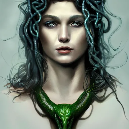 Image similar to medusa portrait painting, wicked smile, artstation, detailed, blurred background